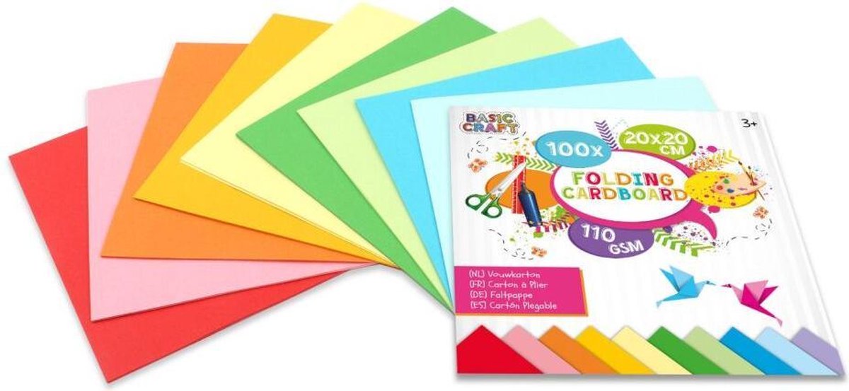 Vouwkarton | 20 X 20 CM | 50 stuks | 110 gram | 10 verschillende kleuren karton | Papier | vouwen | Origami | Knutselen voor kinderen